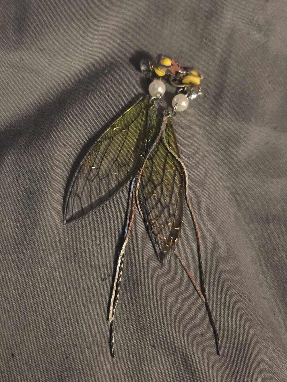 Green Dragonfly Wing Drop Clip On Earrings with Pearl Accents